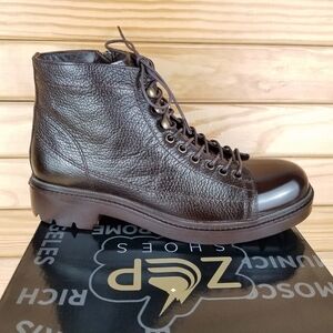 Men's 100% Genuine Leather Brown Ankle Boots 9M by Paul Branco Side Zip Lace-up